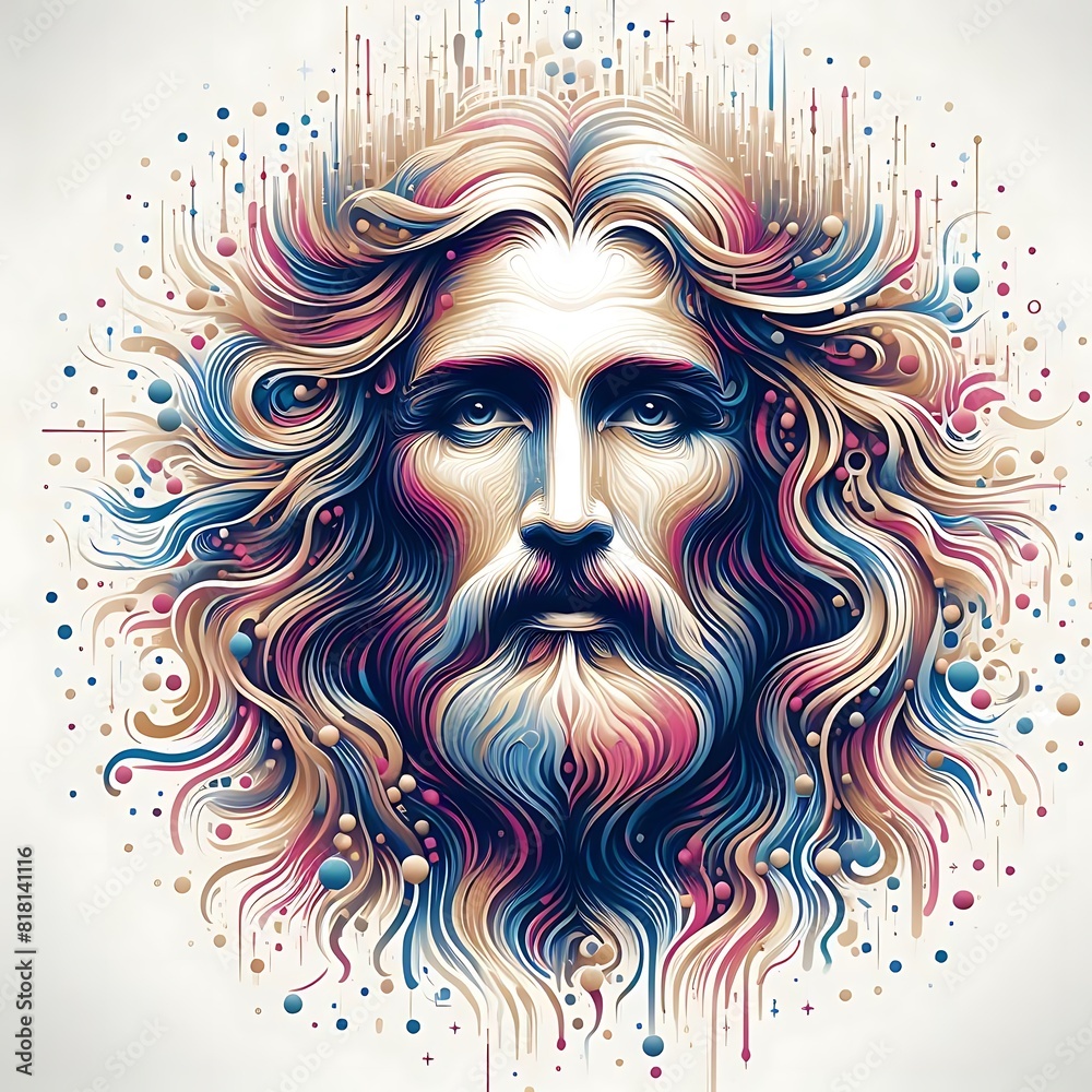 A jesus christ with long hair and beard art has illustrative card design image harmony.