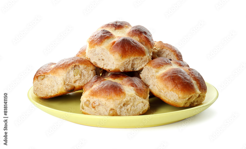Tasty hot cross buns isolated on white