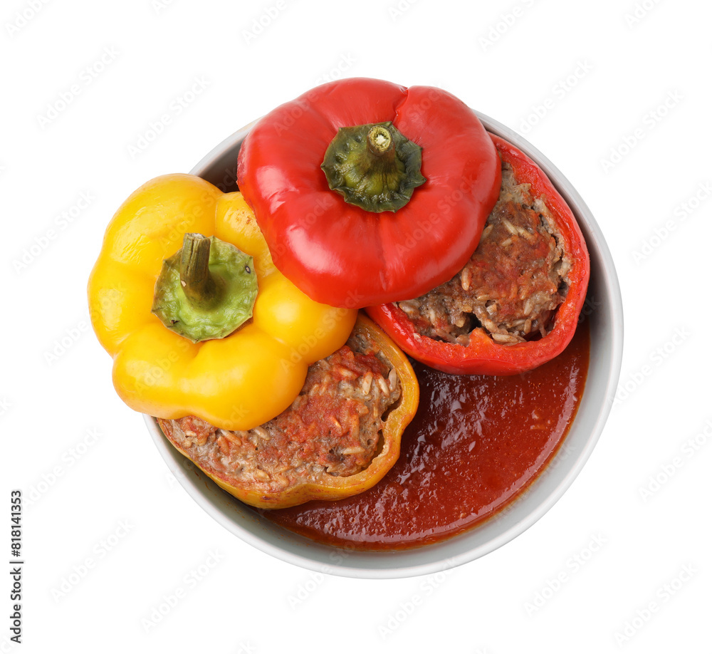 Delicious stuffed bell peppers isolated on white, top view Delicious stuffed bell peppers isolated on white, top view