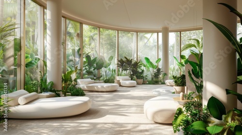 A spacious, contemporary lounge with numerous soft seating areas, surrounded by a variety of green plants and illuminated by ample natural light through large windows.