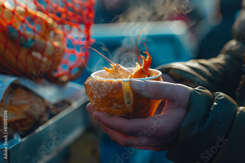 A close-up shot of a hand holding a steaming cup of clam chowder in a sourdough bread bowl, the vendor's brightly colored lobster trap hanging above the cart. 