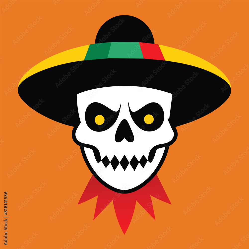 Mexican skull in sombrero. Bandit with hat and bandanna design