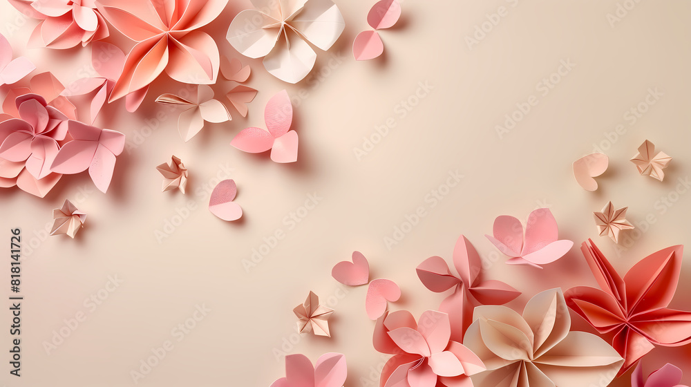 Beautiful paper flowers and hearts background design