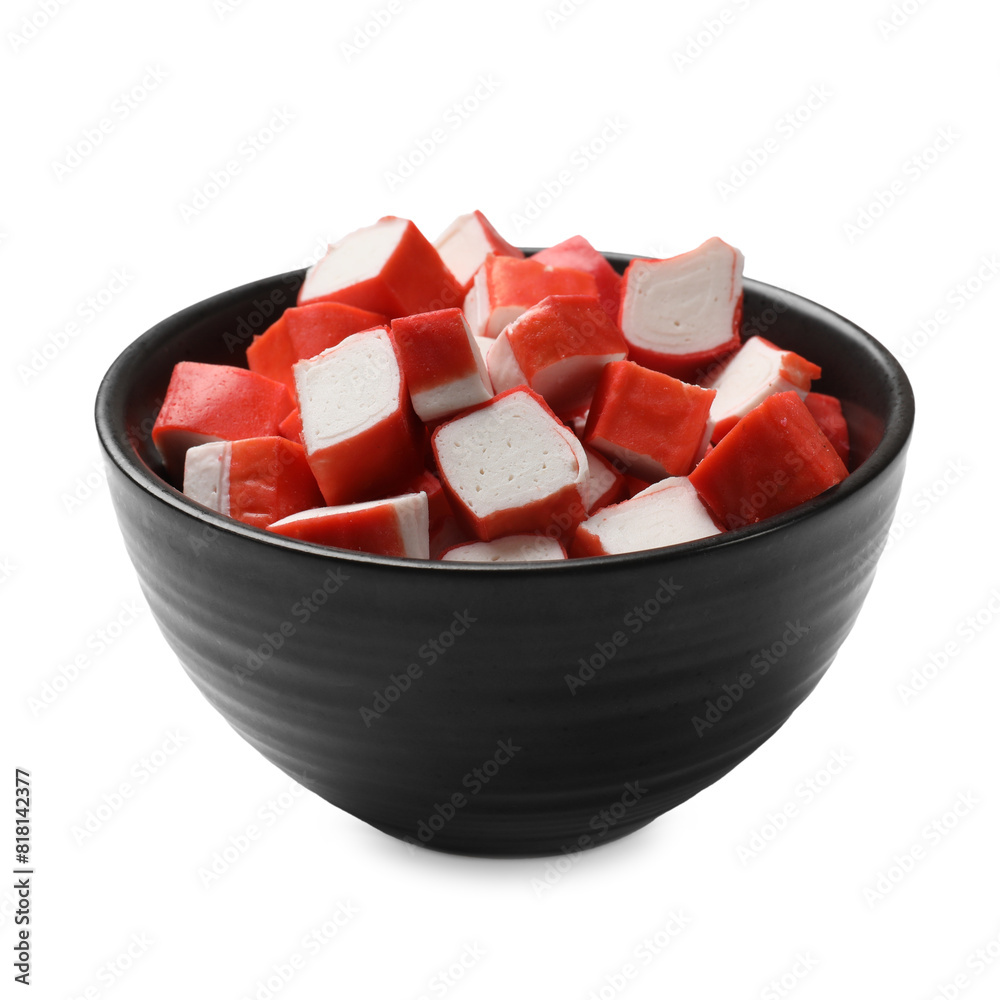 Tasty crab sticks in bowl isolated on white Tasty crab sticks in bowl isolated on white