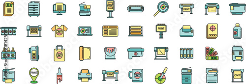 Digital printing icons set outline vector. Computer printer. Paper digital thin line color flat on white