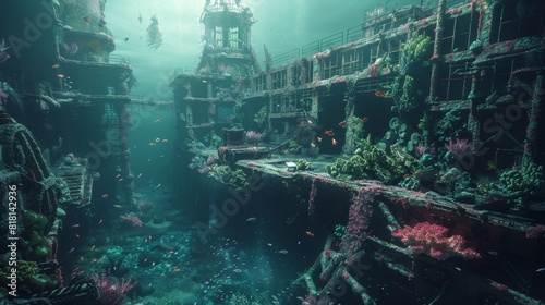 A large, underwater city with a lot of debris and trash