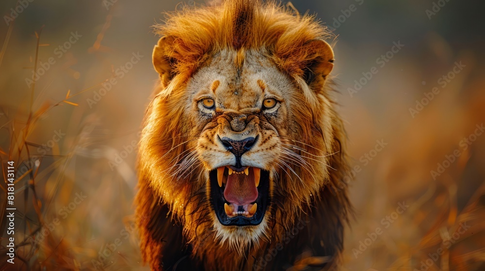 Obraz premium Wildlife in Action: A close-up shot of a majestic lion in the African savannah, captured mid-roar. The raw power and beauty of the animal are emphasized against the backdrop of the wild landscape