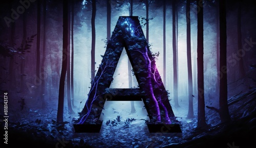 Halloween font in the dark forest. Letter A. 3D rendering photo