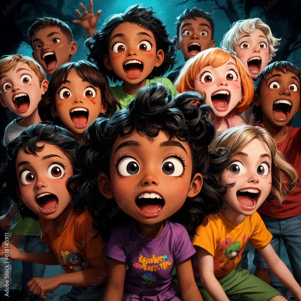 Animated and excited group of diverse children, expressing joy and surprise, in a colorful and engaging setting for children-themed content.