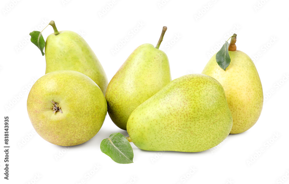 Many ripe pears with leaves on white background Many ripe pears with leaves on white background