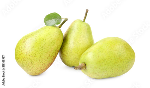 Tasty ripe pears with leaf on white background