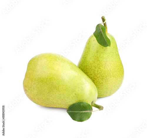 Tasty ripe pears with leaf on white background