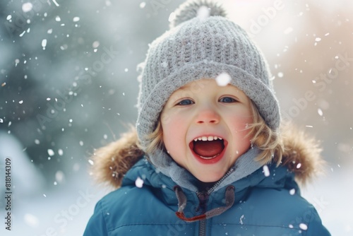 A young child wearing a blue coat and a gray hat is smiling and laughing. The child is surrounded by snow, and the scene has a cheerful and playful mood