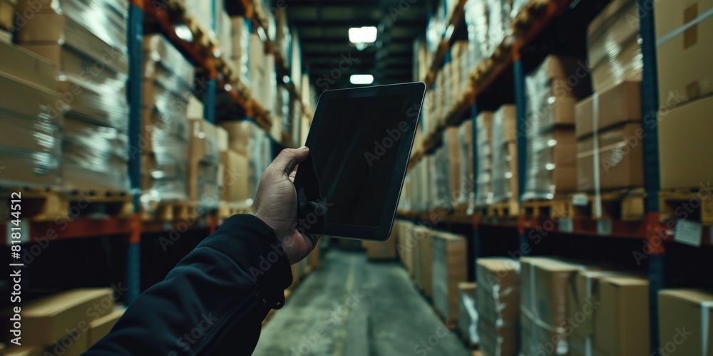 A person is holding a tablet in a warehouse. The warehouse is filled with boxes and pallets A person is holding a tablet in a warehouse. The warehouse is filled with boxes and pallets