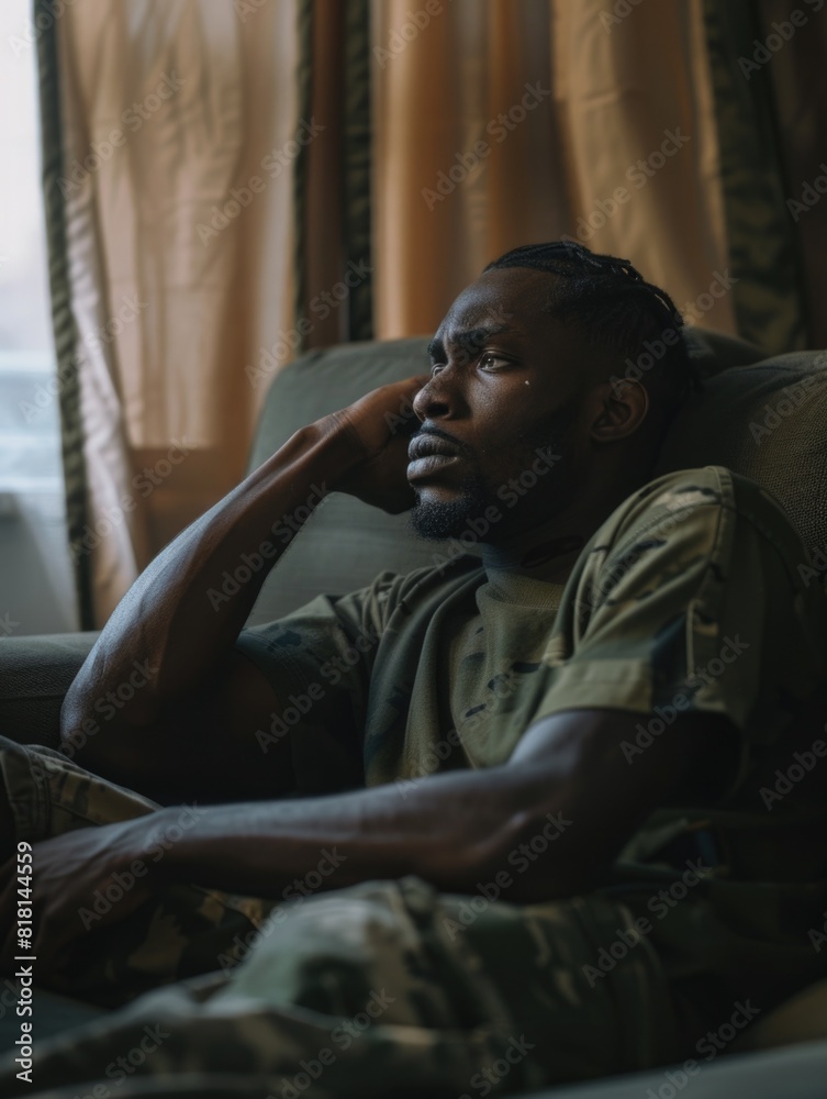 Obraz premium A man in a green shirt and camouflage pants is sitting on a couch. He is looking down and he is crying