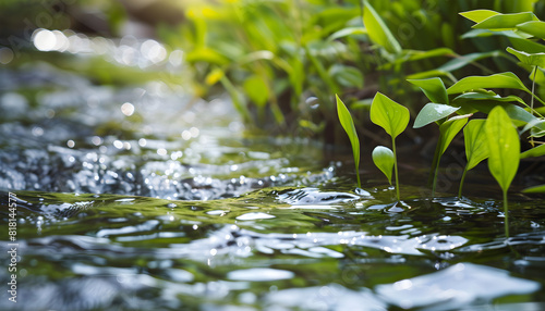 Beautiful spring close up stream with fresh water and young green plants. Ideal for nature backgrounds, springtime concepts, and decorative banners. photo
