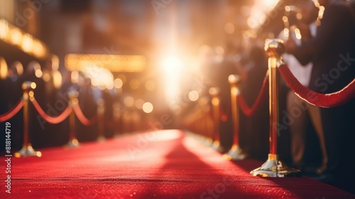 A red carpet with a crowd of people walking on it. The people are wearing black and gold photo
