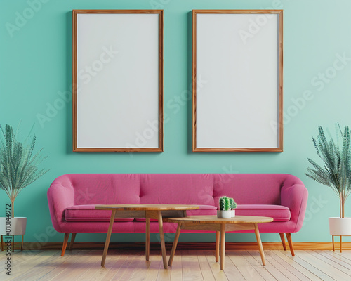 Two frames, cool mint wall, bright fuchsia sofa, mid-century oak table; ultra-realistic 3D.