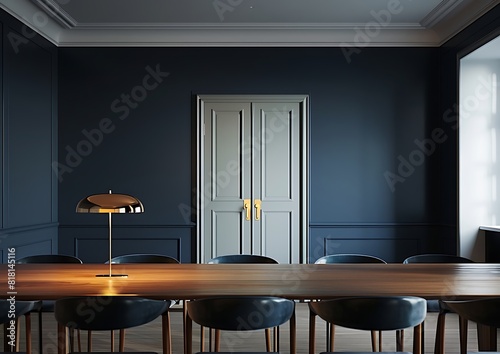Minimalist modern dining room with dark blue walls © Surrya