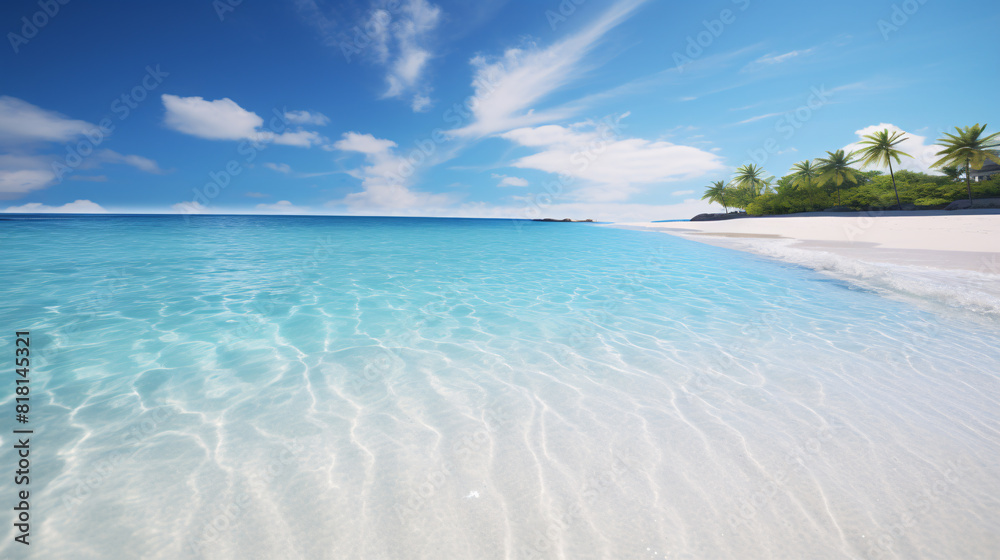 Beautiful tropical beach with a clear blue ocean and palm trees, seascape and vacation concept Beautiful tropical beach with a clear blue ocean and palm trees, seascape and vacation concept