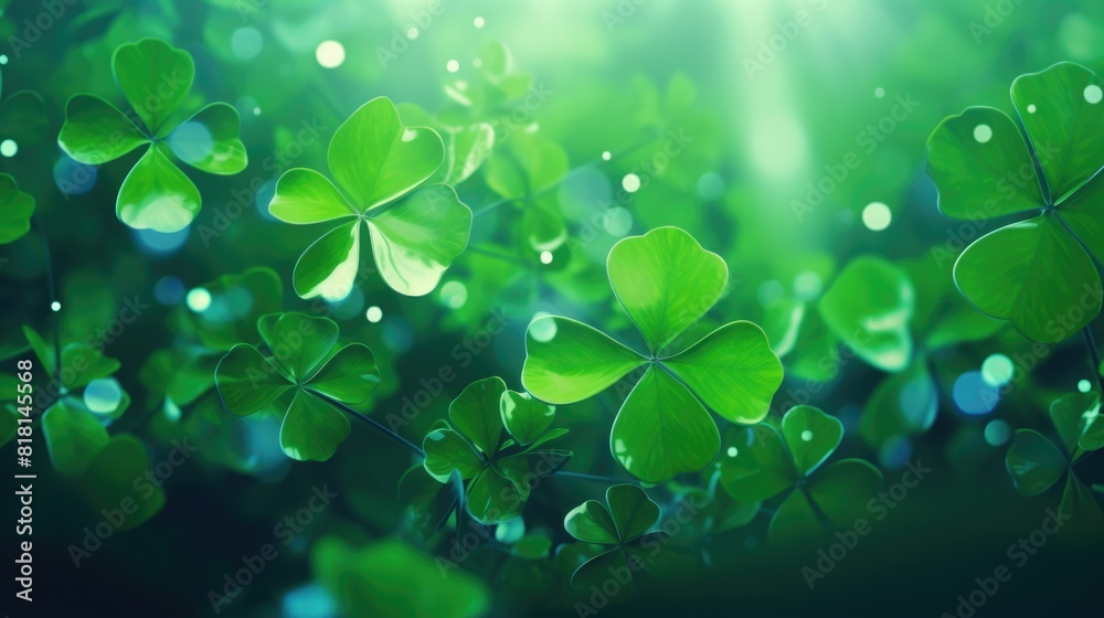 A green leafy background with four green clovers. The clovers are in different positions and sizes