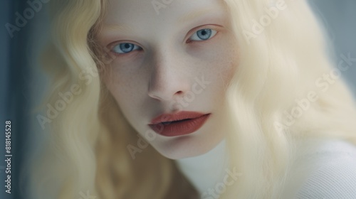 A blonde woman with blue eyes and red lipstick is staring at the camera. The image has a moody and mysterious feel to it, as if the woman is hiding something behind her gaze