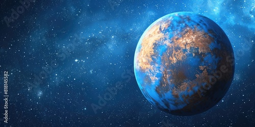 A blue and orange planet is floating in space. The planet is surrounded by a vast expanse of stars and galaxies. Concept of wonder and awe at the vastness of the universe and the beauty of the cosmos