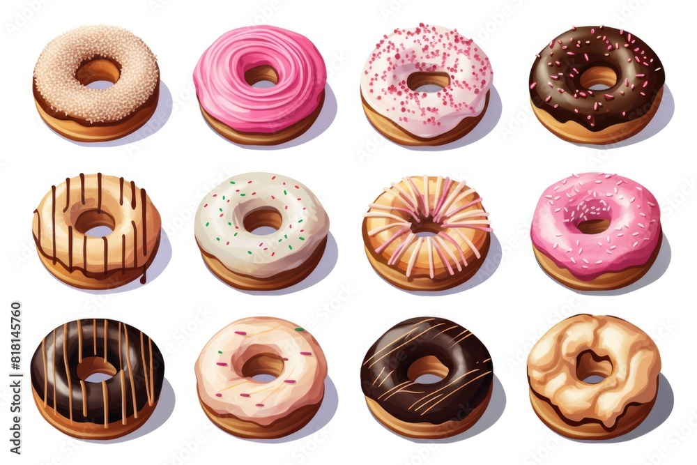 A collection of donuts with various toppings, including chocolate, sprinkles, and frosting A collection of donuts with various toppings, including chocolate, sprinkles, and frosting