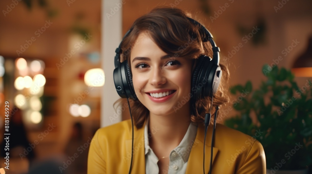 A woman wearing headphones and smiling. She is wearing a yellow jacket and is sitting in a restaurant