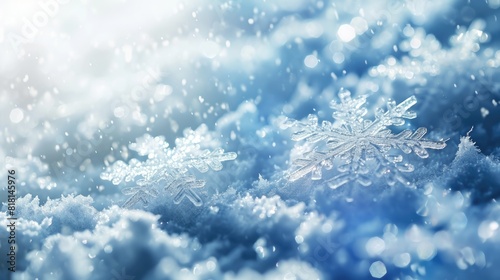 Two snowflakes are on top of a blue sky. The snowflakes are small and white