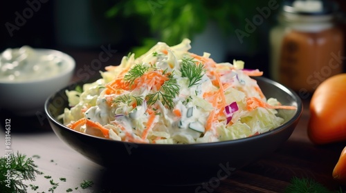 A bowl of coleslaw with carrots and dill