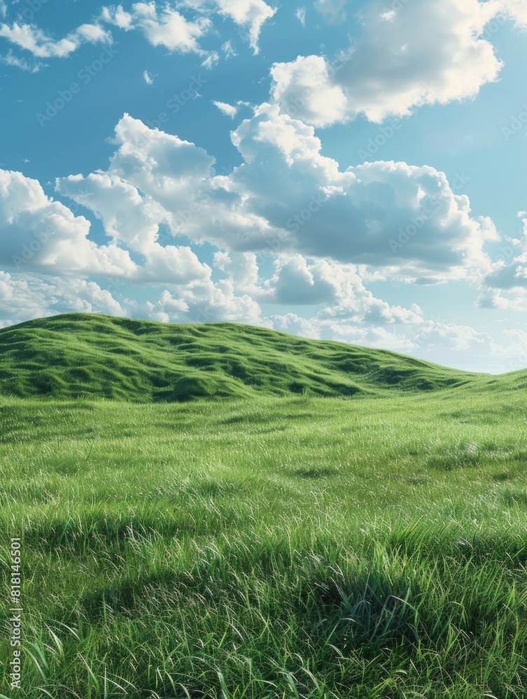A large, grassy hillside with a few clouds in the sky. The sky is blue and the grass is green