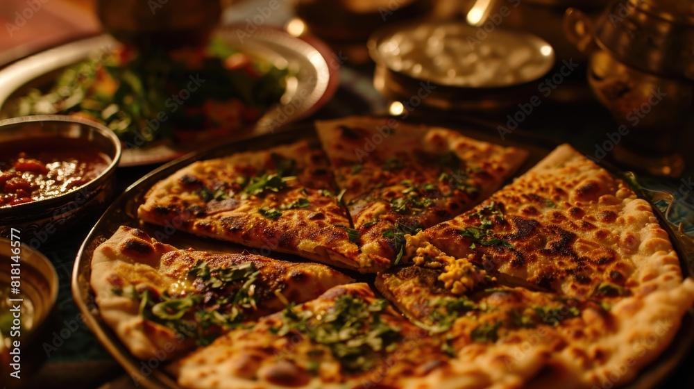 A pizza with a lot of toppings is on a table with other food. The pizza is cut into slices and is surrounded by bowls and plates. Scene is inviting and delicious