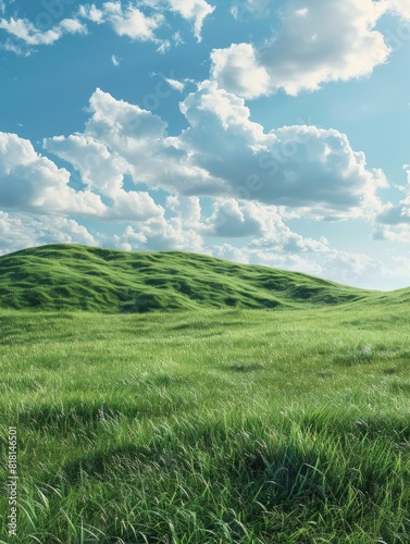 A large  grassy hillside with a few clouds in the sky. The sky is blue and the grass is green