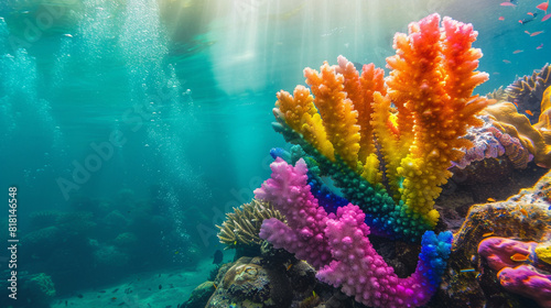 Underwater coral scene in rainbow colors  a heart-shaped coral on the right combining nature  pride themes.