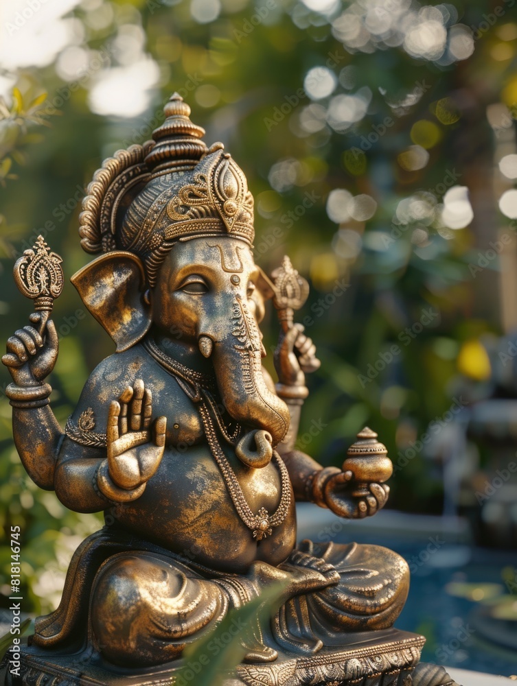 A gold statue of ganesh sitting on a bench. The statue is holding a small container in its right hand