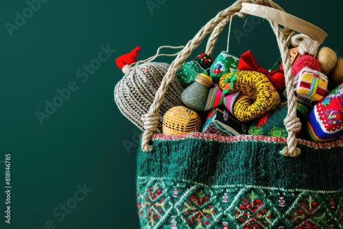 A green bag filled with knitted items and other knick knacks photo