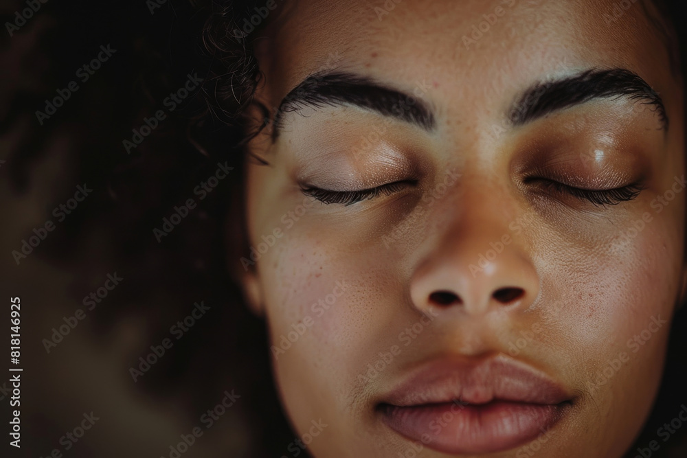 A woman is sitting with her eyes closed, practicing breathwork and meditation A woman is sitting with her eyes closed, practicing breathwork and meditation