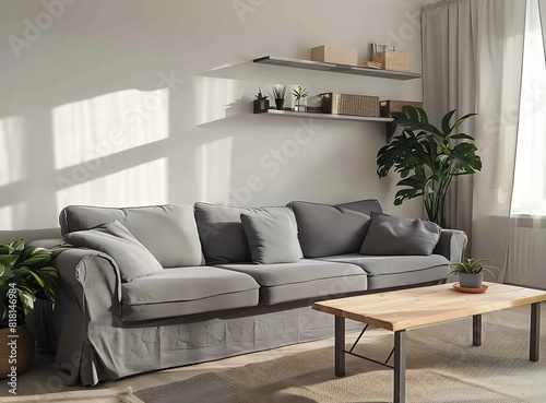Minimalist Scandinavian living room interior with grey sofas © Surrya