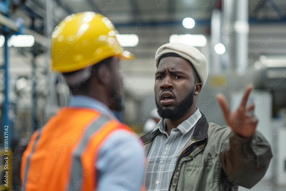 Black male manager scolding an employee in a modern industrial factory. The worker is being corrected for making a mistake. Black male manager scolding an employee in a modern industrial factory. The worker is being corrected for making a mistake.