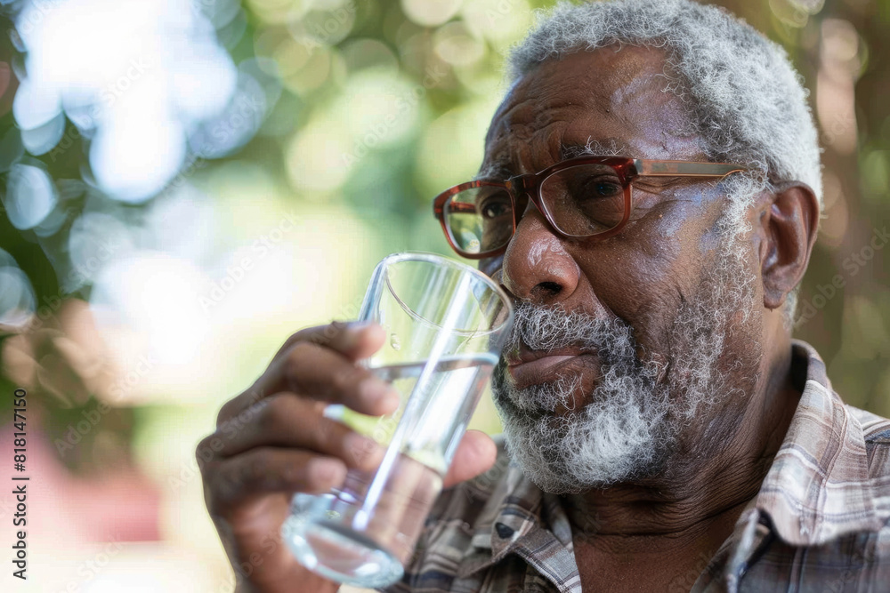Black senior gentleman drinking water to help regulate his diabetes symptoms. Highlighting the role of hydration in diabetes care. Black senior gentleman drinking water to help regulate his diabetes symptoms. Highlighting the role of hydration in diabetes care.