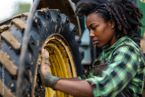 Black female farmer adjusting a tractor wheel. Forward-thinking agriculturalist maintaining her farm equipment. Women's role in farming.