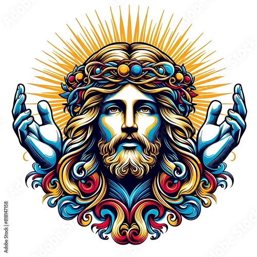 A colorful drawing of a jesus christ with long hair and a crown of flowers has illustrative harmony used for printing art.
