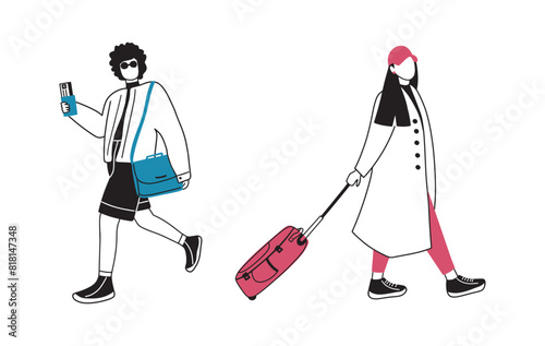Hand drawn girls with suitcase, bag, passport and ticket. Travelers in the airport preparing for the flight.