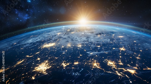 A view of the Earth from space, with the sun shining brightly in the sky
