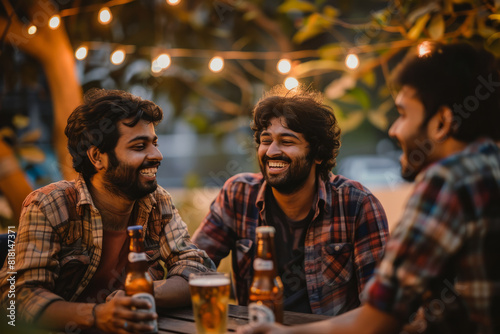 Indian buddies enjoying beers together and having a meaningful conversation, representing the significance of male friendship and bromance. photo