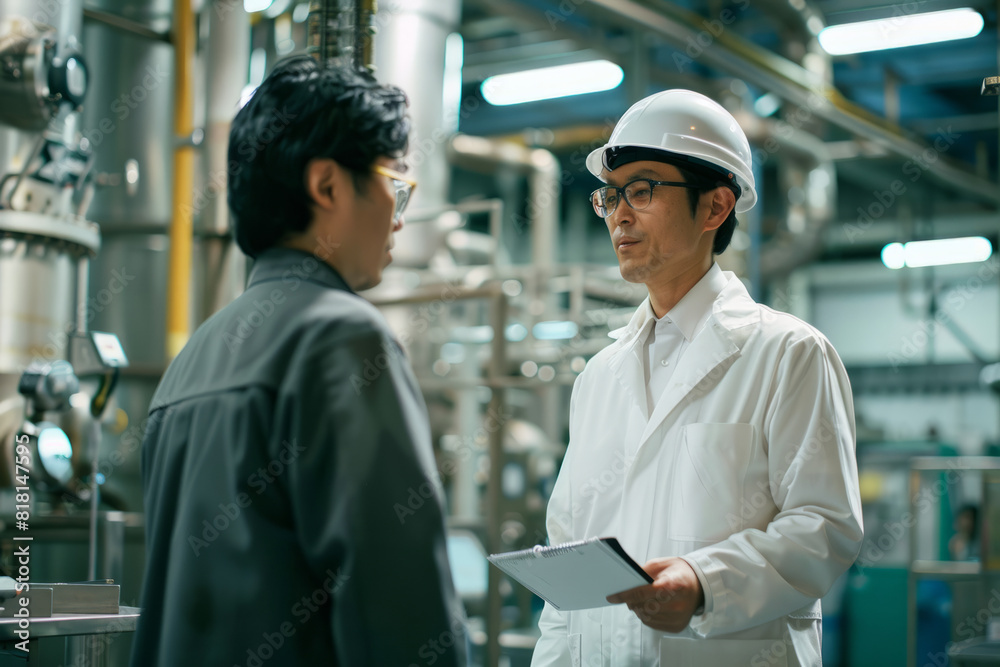 Japanese male manager reprimanding an employee in a modern industrial factory. The worker is being corrected for making a mistake. Japanese male manager reprimanding an employee in a modern industrial factory. The worker is being corrected for making a mistake.