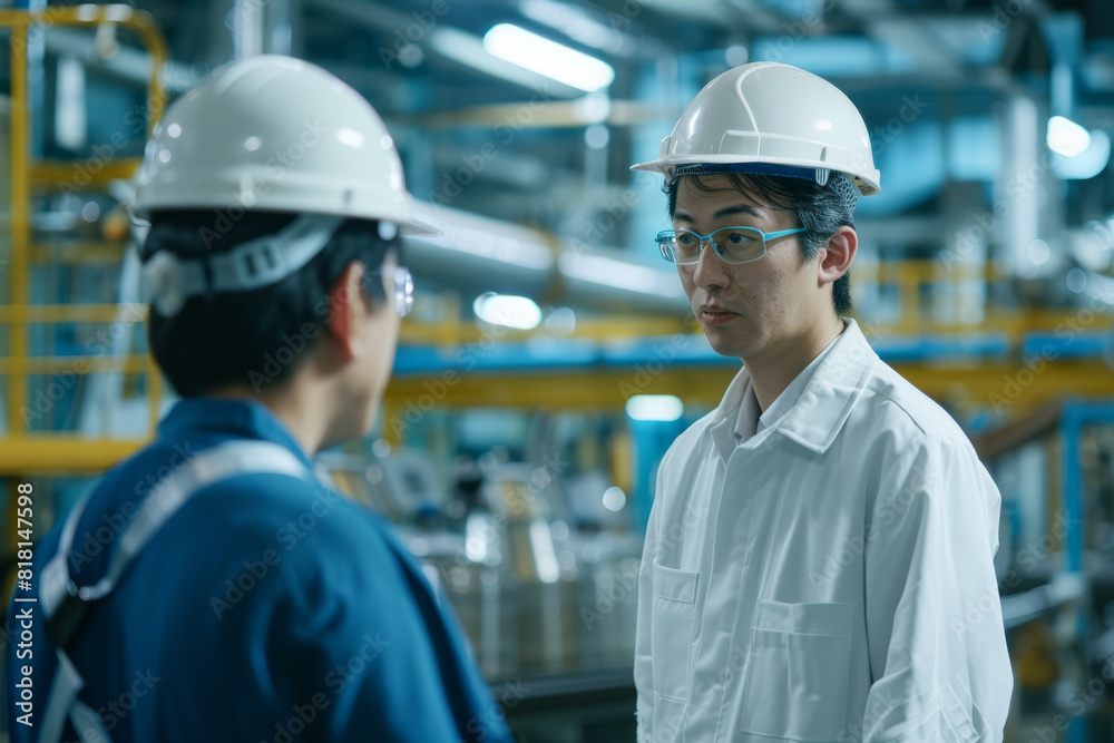 Japanese male manager reprimanding an employee in a modern industrial factory. The worker is being corrected for making a mistake. The production manager expresses frustration with the worker Japanese male manager reprimanding an employee in a modern industrial factory. The worker is being corrected for making a mistake. The production manager expresses frustration with the worker