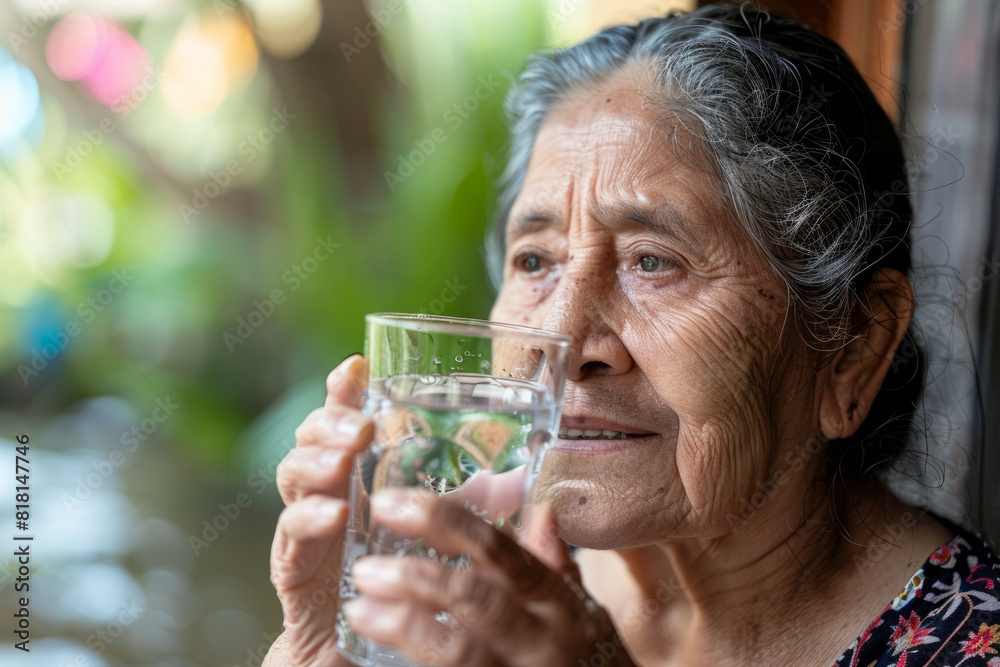 Latino elderly woman staying hydrated as part of her diabetes management routine. Illustrating the significance of water consumption in controlling diabetes. Latino elderly woman staying hydrated as part of her diabetes management routine. Illustrating the significance of water consumption in controlling diabetes.