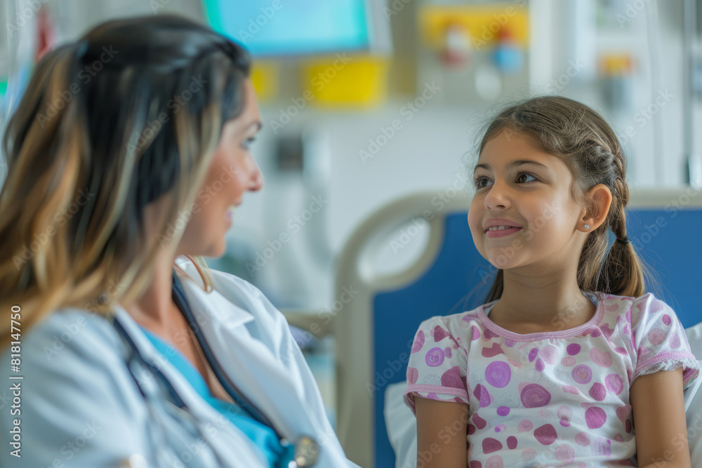 Fototapeta premium Latino female doctor taking care of a young girl in a hospital room. Depicting nurturing medical support for pediatric patients.